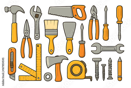 Vector cartoon illustration of a construction and repair tool kit for home improvement. Handyman equipment for DIY projects, carpentry, and building. Workshop hardware set.