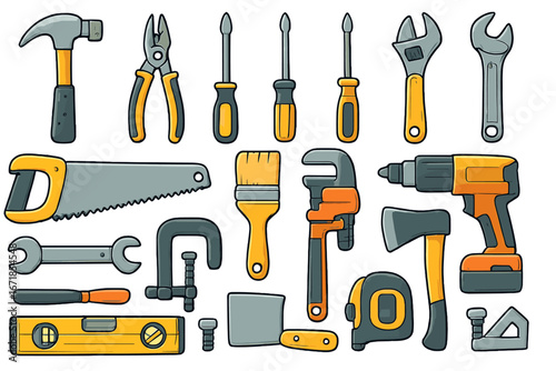 Construction tools set vector cartoon illustration. Collection of hardware for repair, carpentry and building projects. Hammer, saw, drill, wrench and screwdriver icons for DIY.