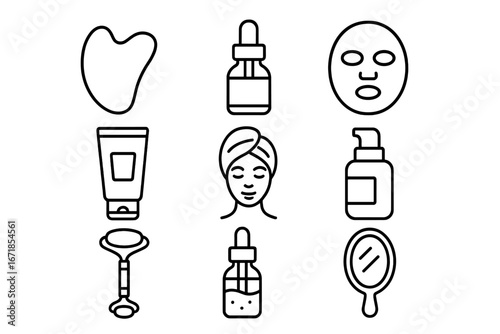 Beauty and skincare line icon set. Self-care routine, spa treatment concept. Cosmetics outline collection. Gua sha, face roller, serum, cream, mask vector symbols.