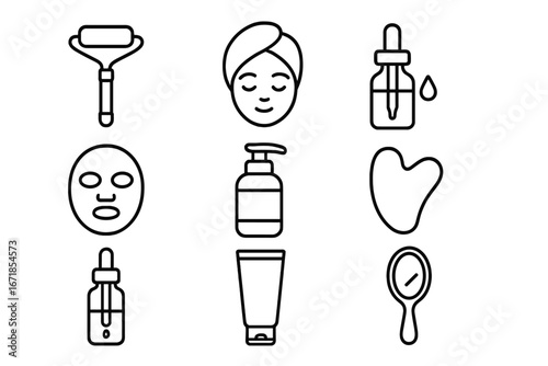 Skincare and beauty routine line icon set. Self-care, spa and cosmetic product symbols. Face roller, gua sha, serum, mask. Vector outline dermatology & wellness collection.