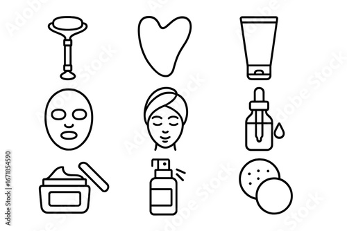 Beauty and skincare line icon set. Self-care tools collection with face roller, gua sha, serum, and mask. Vector outline pictogram for cosmetics, spa, and dermatology.