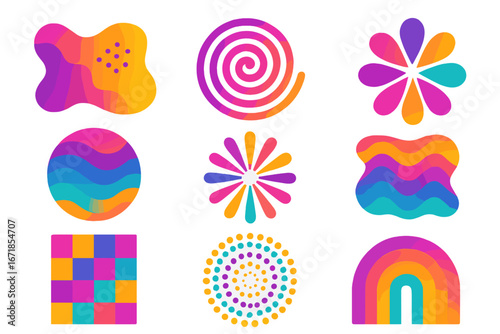 Set of colorful abstract geometric shapes. Collection of vibrant gradient design elements. Modern liquid forms, spiral, and rainbow logos for graphic design or branding.