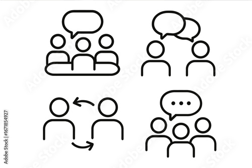 Communication and collaboration outline icon set. Business teamwork, group meeting, and conference symbols. Vector pictogram collection for dialogue, discussion, and feedback.
