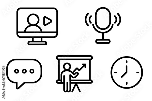 Business communication and meetings line icon set. Vector symbols for video conference, presentation, webinar, and online chat. Corporate outline icons for growth and time management.