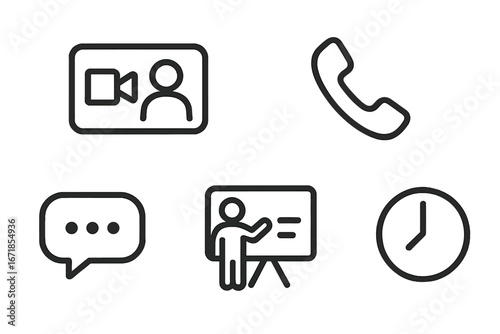 Communication and meetings line icon set. Vector icons for business presentations, video conference, audio call, chat message and time management. UI UX web design elements.
