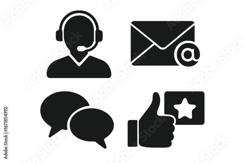 Customer support solid icon set. Communication tools collection. Call center operator, email, feedback, rating, and chat message glyph icons. Contact us vector symbols.