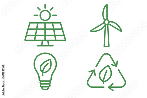 Eco friendly icon set. Renewable energy linear symbols. Green power concept. Solar panel, wind turbine, recycling sign. Sustainability and ecology vector line icons collection.