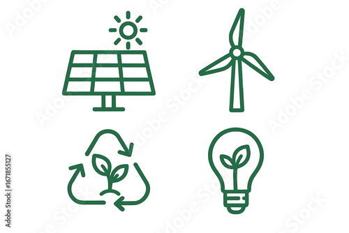 Green energy icon set. Renewable energy and sustainability symbols. Solar panel, wind turbine, recycling, and eco lightbulb. Vector line art for ecology and environment.