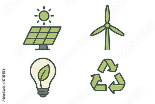 Eco-friendly icon set with renewable energy and sustainability symbols. Solar panel, wind turbine, green energy lightbulb, and recycling sign. Vector icons for ecology concept.