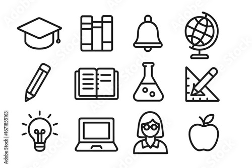 Education and learning line icon set. School, university and science symbols. Vector outline collection with graduation cap, book, globe, pencil, bell, flask, laptop and idea.