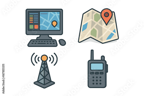 Vector icon set for dispatch center operations. Flat cartoon illustrations of computer with GPS map, radio tower, walkie-talkie, and navigation pin. Logistics and control concept.