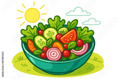 Fresh vegetable salad in a bowl. Healthy food concept for a healthy lifestyle. Vegan and vegetarian diet meal. Organic food for lunch or picnic. Summer day vector cartoon illustration.