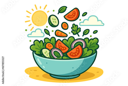 Fresh vegetable salad in bowl with flying ingredients. Healthy summer food concept. Vector cartoon for diet, vegan, vegetarian lifestyle. Organic meal on sunny day background.