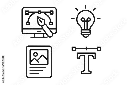 Graphic design line icon set with essential tools. Vector pen, creative idea lightbulb, page layout, and typography symbols. For web design, UI, UX, and the creative process.