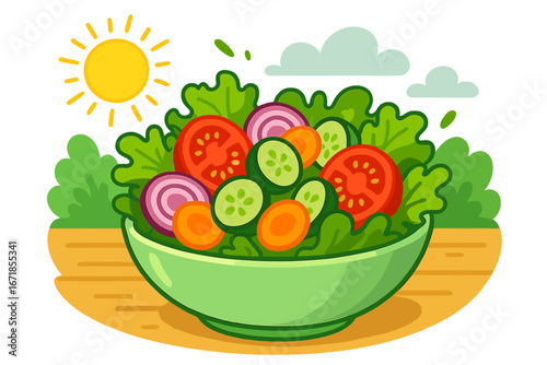 Fresh vegetable salad in a bowl on a sunny summer day. Concept for healthy eating, vegetarian food, vegan diet, or picnic. Vector cartoon illustration of lunch with vegetables.