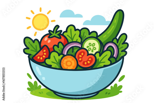 Fresh vegetable salad in a bowl. Healthy diet food concept. Vegan, vegetarian lunch meal. Summer picnic with organic food. Vector cartoon illustration on transparent background.