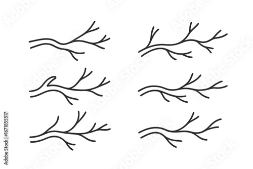 Set of bare tree branches, roots, or veins. Minimalist line art icons. Simple hand drawn vector silhouette collection of natural organic shapes, twigs, and wood. Isolated design elements.