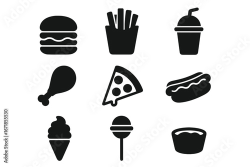 Fast food icons set. Solid black silhouette symbol collection. Junk food signs for menu, restaurant, or takeaway. Burger, pizza, fries, hot dog, soda, and snack glyphs.