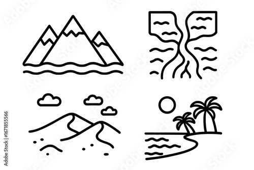 Geographic icon set. Outline symbols of various landscapes. Vector illustration of mountain peak, river delta, desert sand dune, and tropical coastal beach. Nature travel icons.