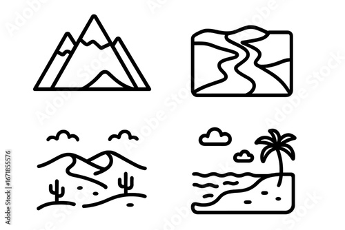 Geographic icon set. Outline vector illustration of mountain range, river delta, desert landscape, coastal beach. Nature and travel symbols. Topography and geography icons.