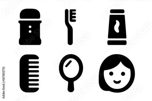 Hygiene and self-care solid icon set. Personal grooming items collection. Deodorant, toothbrush, toothpaste, comb, mirror, face. Vector glyph illustration for daily routine concept.