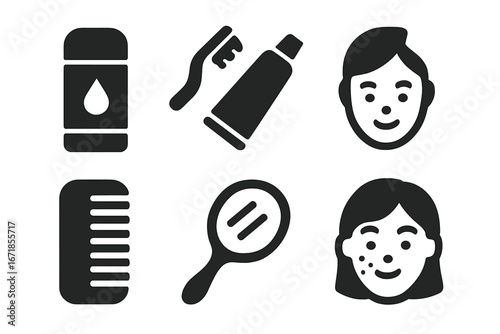 Hygiene and self-care solid icon set. Vector glyph pictograms of deodorant, toothbrush, paste, comb, mirror. Face with acne and clean skin. Personal grooming concept.