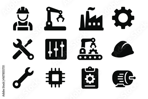 Industry and technology solid icon set. Engineering, automation and manufacturing tools collection. Vector glyphs of factory, robot arm, worker, conveyor, motor and tools.