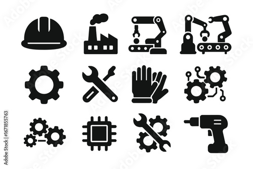 Industry and technology solid icon set. Engineering, automation, manufacturing tools. Factory, robot arm, gear, construction and repair vector glyphs for web and print.