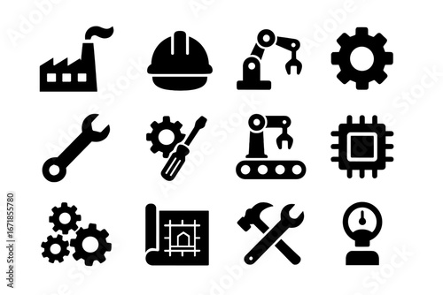 Industry and engineering solid icon set. Manufacturing, automation, and technology concepts. Factory, robot arm, tools, blueprint, and machine gear vector symbols collection.