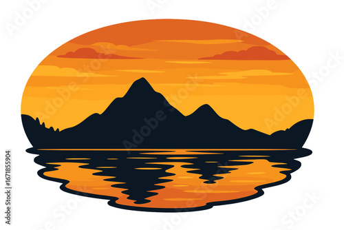 Scenic mountain landscape silhouette with water reflection. Vector illustration of a serene lake at sunset or sunrise. Concept for travel, adventure, nature, outdoor logo.