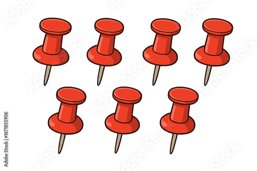 Set of red push pins in a minimalist cartoon style. Vector illustration of office supply thumbtacks for marking locations on a map or attaching notes to a bulletin board.