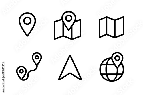 Location map outline icon set. Navigation, GPS, and positioning symbols. Vector collection with route, pin, marker, destination, direction, global travel & technology icons.