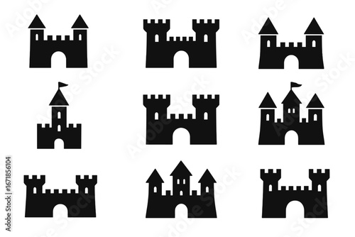 Medieval castle silhouette icon set. Collection of historical fortresses, towers, and palaces. Vector graphic of fantasy kingdom architecture. Middle ages fort symbols.