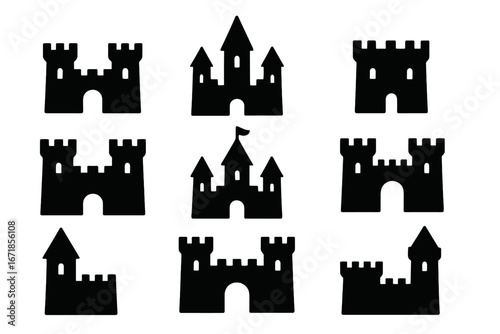 Castle silhouette icon set vector. Medieval fortress and tower collection. Fairytale kingdom palace architecture symbols. Ancient history building gate pictogram design element.