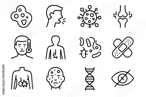 Medical conditions outline icon set. Health and disease symbols. Virus, fever, cough, joint pain, bacteria, allergy, skin problem, dna, blindness vector icons. Healthcare pictogram.