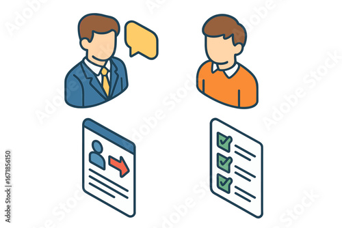 Mentoring and coaching icon set. Isometric icons of mentor and mentee, guidance document, and checklist. Concept for business training, support, and professional development.