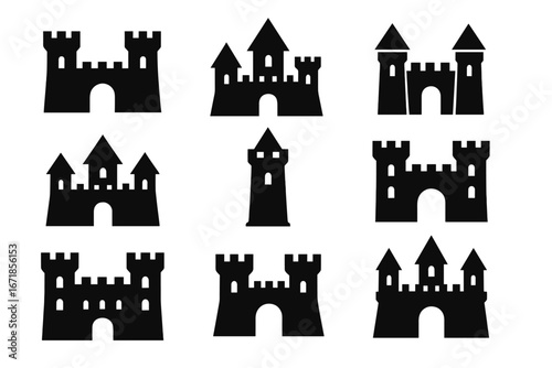 Medieval castle silhouette icon set. Vector collection of fortresses, towers, and gateways. Ancient historical stronghold and palace graphics for fantasy or history design.