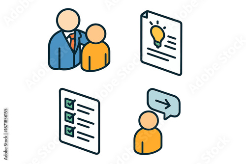 Mentoring icon set for business coaching and support. Isometric vector illustration of mentor, mentee, guidance, checklist, and advice for professional career development.