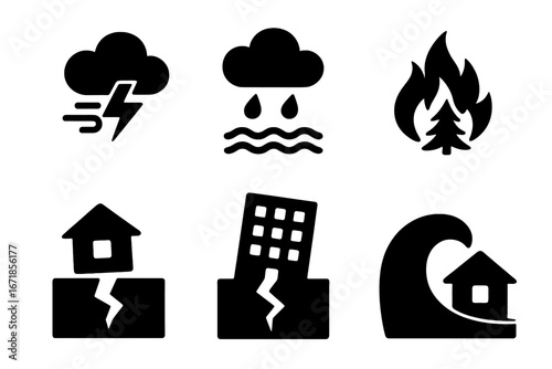 Natural disaster silhouette icon set. Weather, fire, flood, and earthquake symbols. Vector collection of climate catastrophe pictograms like tsunami, storm, and wildfire.