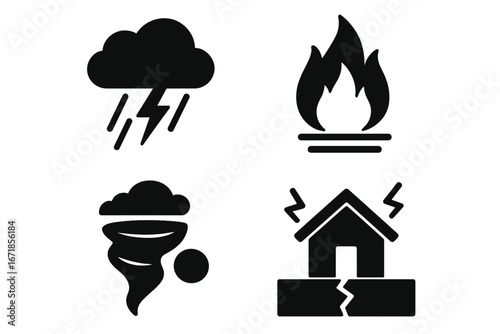 Natural disaster silhouette icon set. Weather, fire, and earthquake symbols. Vector collection of thunderstorm, tornado, fire, and earthquake icons for graphic design elements.