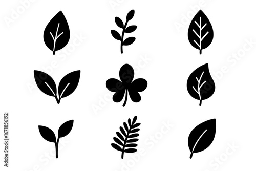Leaf icon set. Collection of simple black plant and nature symbols. Vector illustration of botanical foliage, sprout, and branch silhouettes. Eco, organic, bio graphic elements.