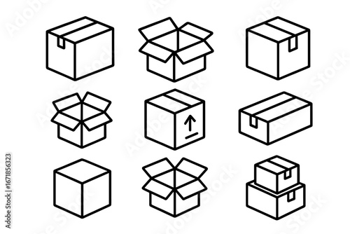 Packaging box outline icon set. Carton and shipping container line art collection. Isometric vector illustration for logistics, e-commerce, delivery, and moving services.