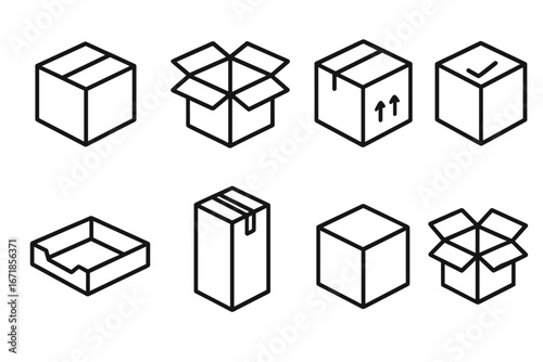 Packaging box outline icon set. Carton, shipping container, and delivery package line art collection. Vector symbols for logistics, e-commerce, and parcel service illustration.