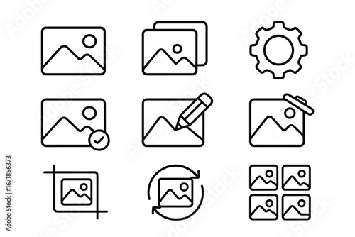 Photo management line icon set. Image gallery and picture tools collection. Vector outline symbols for UI UX design. Includes edit, crop, delete, sync, settings, and save icons.