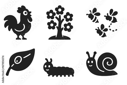 Spring nature awakening icon set. Solid glyph collection with rooster, blooming tree, bees, dew on leaf, caterpillar, snail. Cute garden animal & plant vector cartoon symbols.