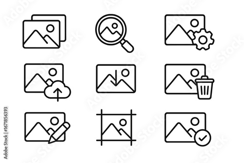 Photo management line icon set. Image gallery, picture tools, outline collection. Vector symbols for media library, edit, upload, download, crop, search, delete, approve. UI UX.