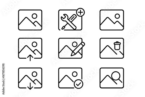 Photo management line icon set. Image gallery, picture tools, outline collection. Upload, download, edit, delete, search, add. UI, UX elements for web and app design. Vector.