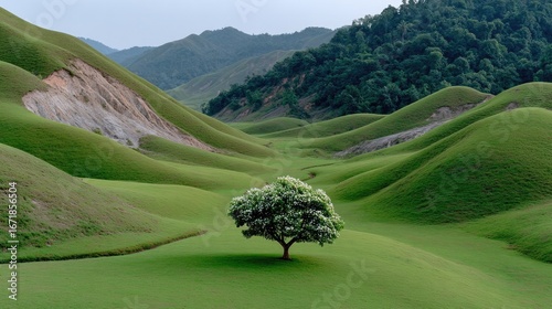 Green Oasis of Tranquility: A solitary tree stands majestically amidst a sea of rolling green hills, creating a vista of serene beauty and boundless space.