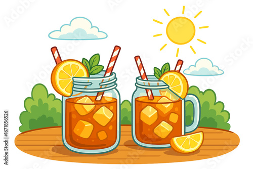 Iced tea with lemon in mason jars. Refreshing summer drink for a picnic or garden party. Cold beverage with ice cubes and mint. Vector cartoon illustration for a sunny day.