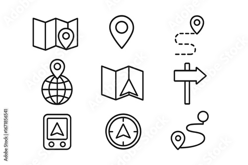 Navigation line icon set. Location, map, pin, and GPS direction symbols. Route, path, destination, and travel concepts. Vector guide, compass, and locator sign collection.